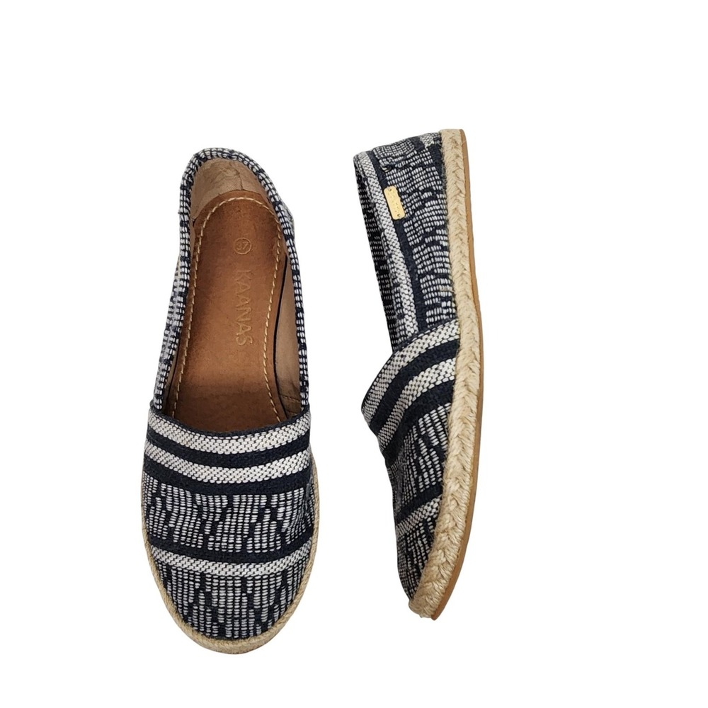 KAANAS Shoes Womens 38 7.5 Navy White Woven Espadrille Slip On Flats‎ Jute Sole